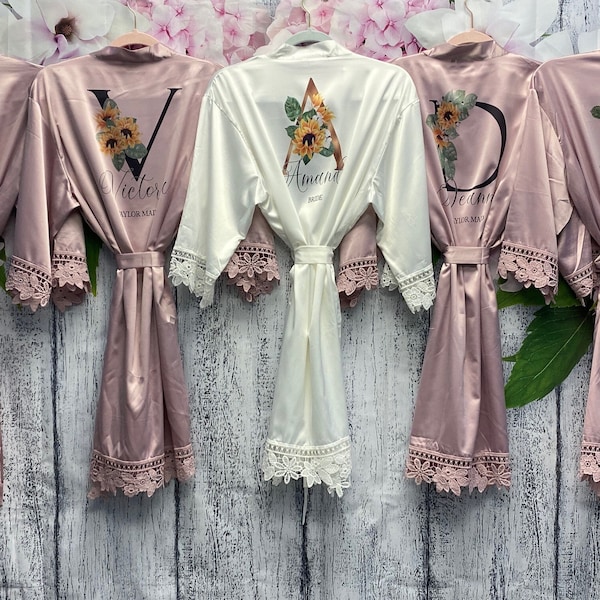 SALE! Bridesmaid Robes, Sunflower Robes, Personalized Bridal Robe, Succulent Robe, Bridesmaid Gifts, Personalized Robes