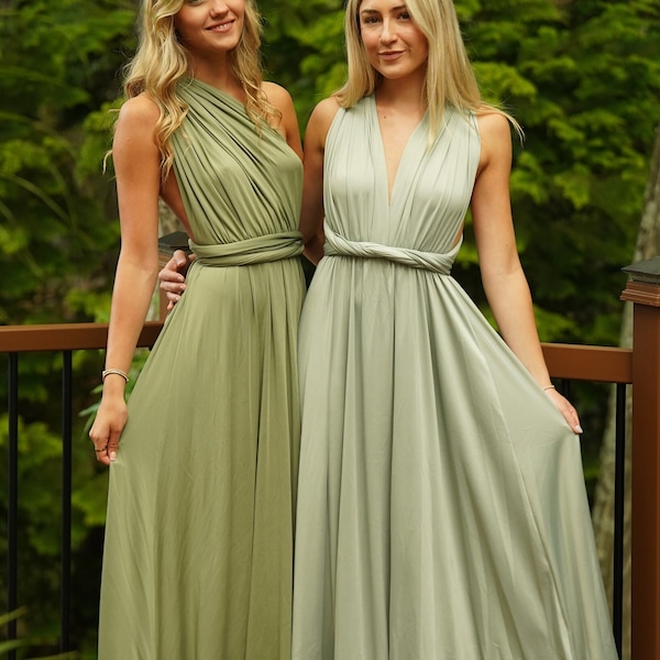 Robe de demoiselle d'honneur à l'infini, Robe vert mousse, Robe longue, Robe convertible, Robe à l'infini, Robe multi-positions, Robe portefeuilles multiples, Robe grande taille