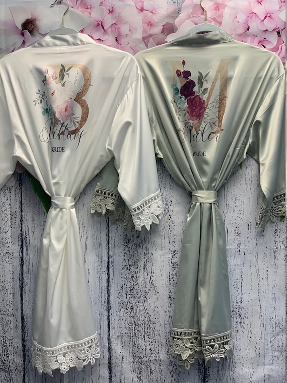 Floral Bridesmaid Robes Sage Green Robe Satin Dressing Gown Etsy UK