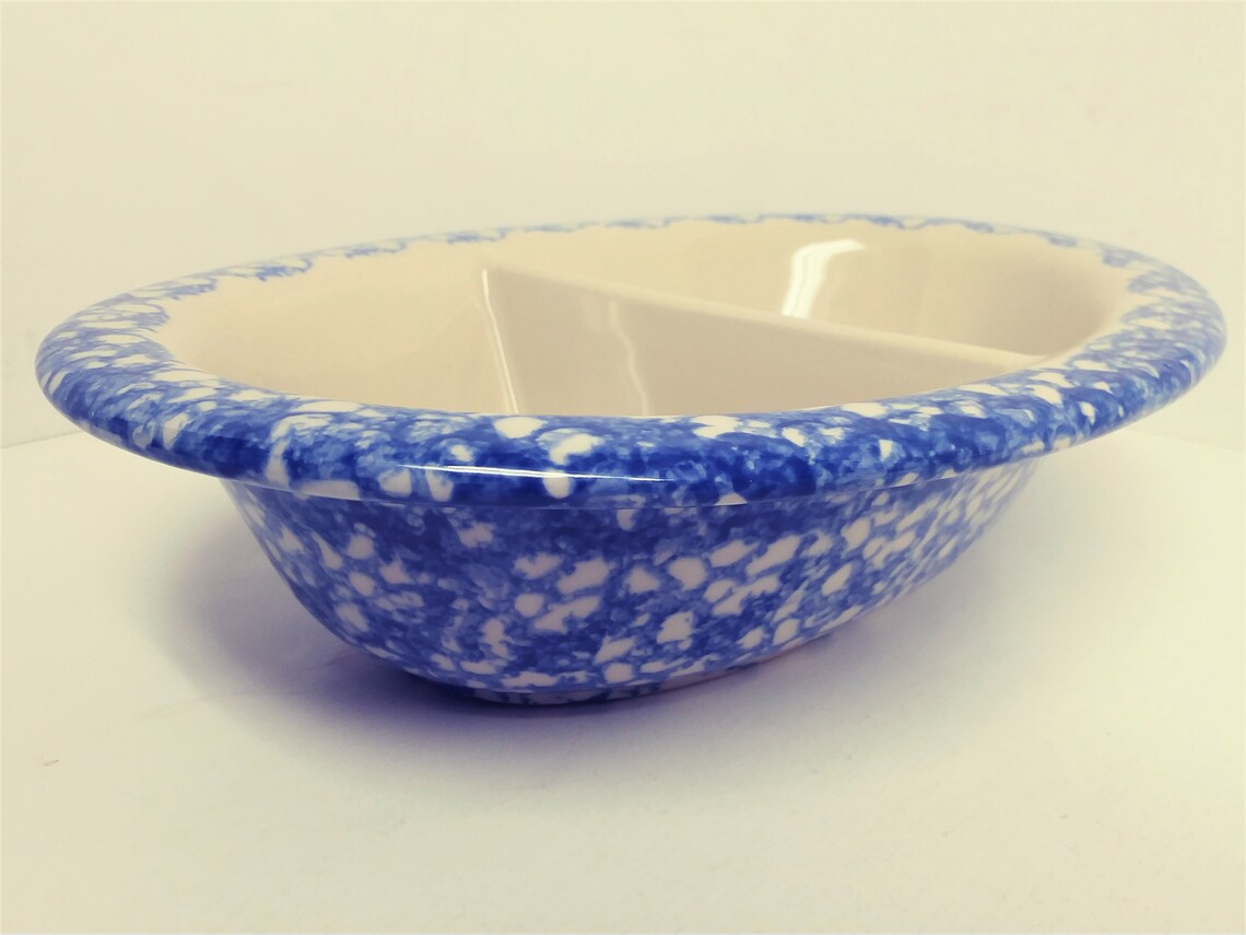 Ceramic Divided Serving Bowl Blue Spongeware Gerald E. Henn Etsy