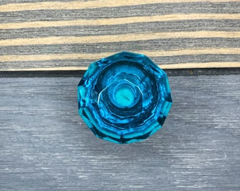 Turquoise Flare Cut Glass Knob, Blue Cut Glass Knob, Glass Knob Dresser Pull, Vintage Antique Knob, Crystal Glass Knob, Shabby Chic Decor