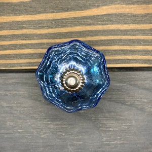 Blue Mercury Knob with Crackles, Blue Glass Crackle Knob, Glass Knob Dresser Drawer Pull, Vintage Antique Hardware Knobs, Melon