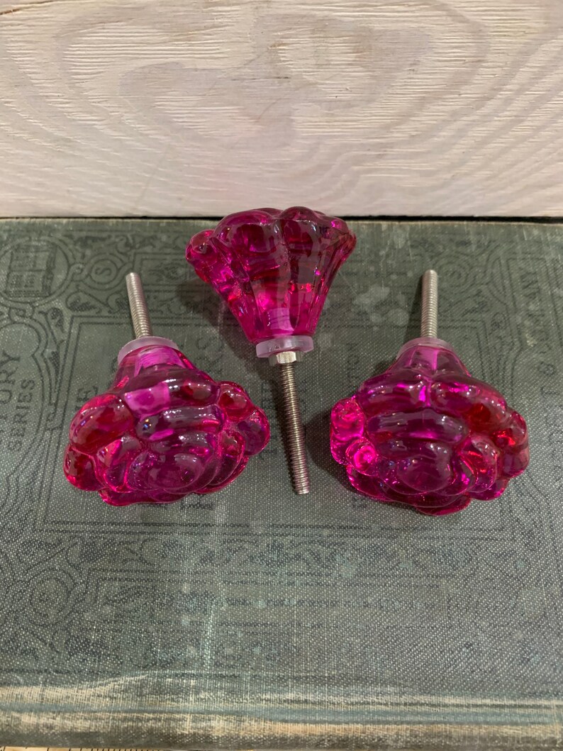 Hot Pink Glass Rose Knob Rose Pink Tinted Glass Glass Knob Etsy