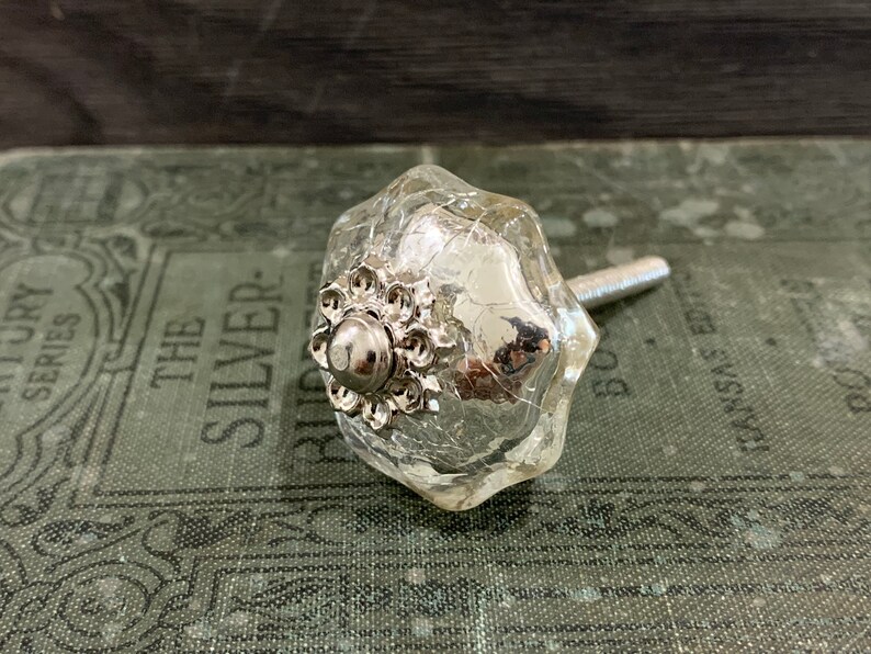 Crackle Mercury Glass Knob Metal Flower Center Glass Knob Etsy