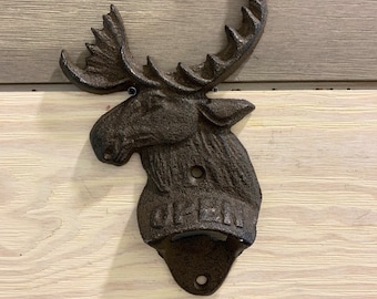 Moose Head Beer Bottle Opener Cast Iron Wall Mounted Rustic Brown Cabin Lodge