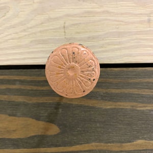 May include: A close-up of a peach-colored, round cabinet knob with a floral design. The knob has a distressed finish with dark accents. The knob is set against a background of light and dark wood grain.