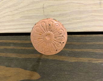 Pink Floral Metal Knob, shabby-chic knob, Drawer Knob, Cabinet Knob, Cabinet Knobs, Pink Drawer Pull, Pink Cast Iron Knob, Etched Flower