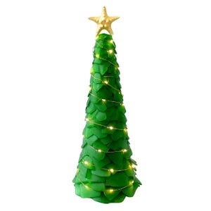 May include: A green decorative Christmas tree with a gold starfish topper. The tree is adorned with small, warm white lights. The tree is made of green glass pieces.
