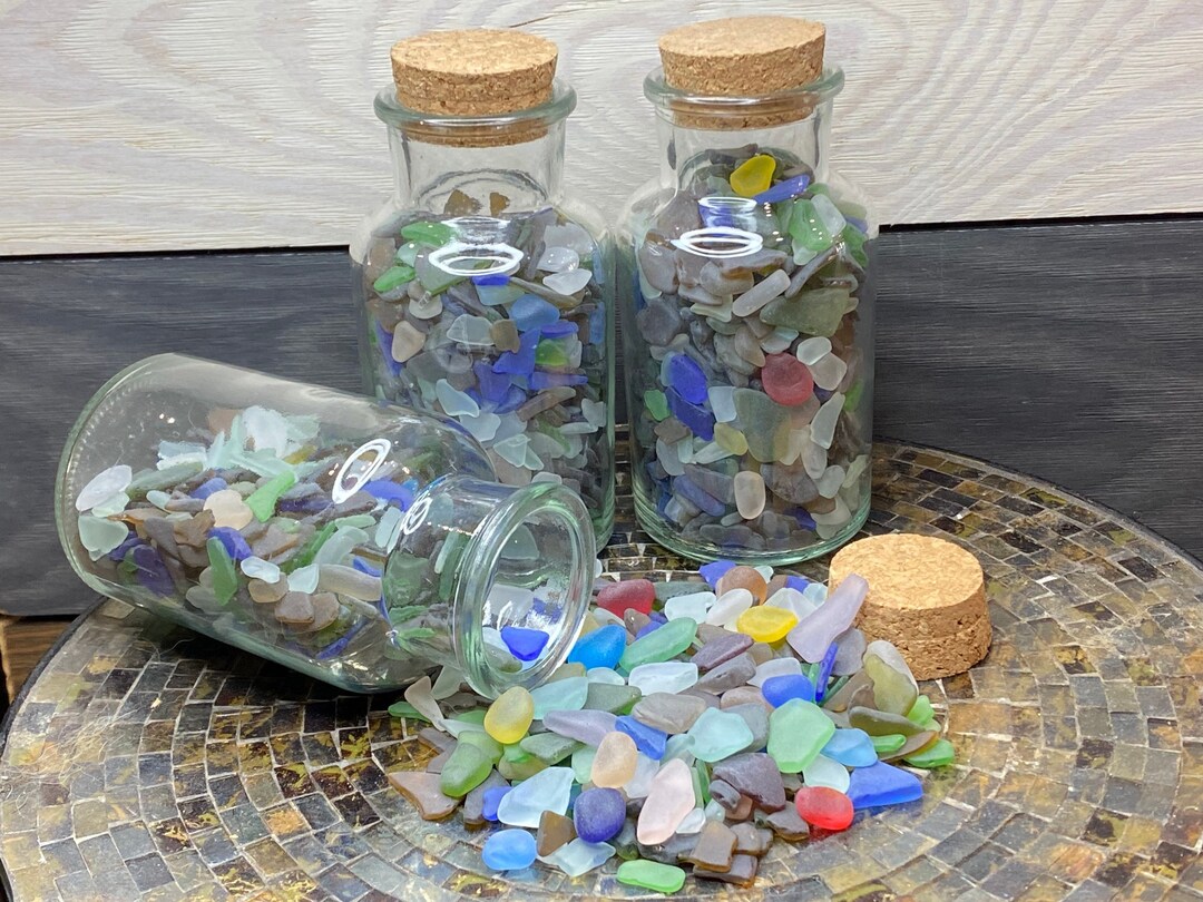 Sea Glass Bottle Filled With Sea Glass Medium and Small Pieces of Beach