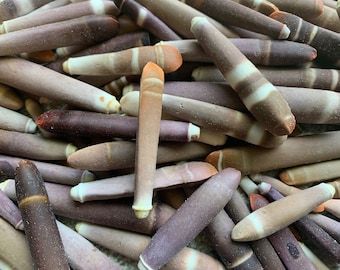 May include: A close-up of a pile of brown, white, and purple sea glass. The sea glass is smooth and polished, and it has a variety of shapes and sizes.