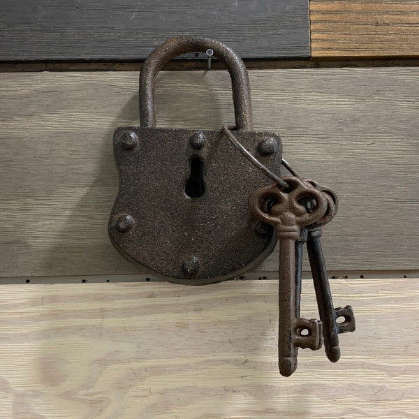 Cast Iron Lock and 3 Keys, Large Vintage Iron Lock with Key, Vintage Iron Padlock with Keys, Antique Style Lock, Vintage Lock, Gift for Him