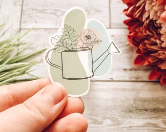 Waterproof Watering Can Vinyl Die Cut Sticker, Minimalist Floral Decal, Perfect for Water Bottles and Laptops