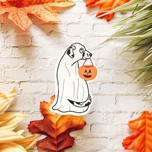 Halloween Ghost Dalmatian Die Cut Sticker, Waterproof Vinyl Laptop Decal, Kawaii Ghost Dog Sticker