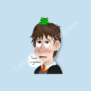 May include: A cartoon illustration of a young boy with brown hair and a surprised expression. He is wearing a black and red robe with a yellow and red tie. A green frog is sitting on his head. The boy is saying "Neville Longbottom".