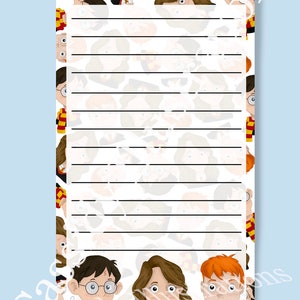 May include: A white lined notepad with a repeating pattern of Harry Potter, Ron Weasley, and Hermione Granger cartoon faces. The notepad has a red and gold border with a cartoon image of Harry Potter, Ron Weasley, and Hermione Granger at the bottom.