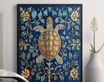 Lámina artística de tortuga marina dorada: Decoración náutica costera (descarga digital)