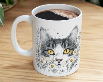 Cat with Daisies Coffee Mug - Cat Lover Gift