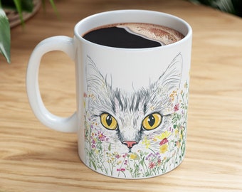 Cat Drawing Mug, Floral Cat Mug, Cute Cat Coffee Cup, Cat Tea Mug, Cat Lover Gift, Floral Cat Design Mug, Cat mom gift, Kitty mug