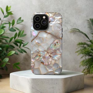 Faux Mother of Pearl Butterfly Phone Case, Iridescent Shell Pattern Tough Case, Elegant Neutral Protective Cover iPhone Samsung
