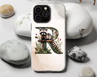 Floral Raccoon Initial Phone Case: Tough Polycarbonate iPhone, Samsung, Pixel