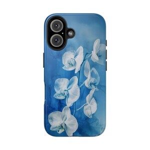 Orchid Flower Tough Phone Case, Blue Abstract Background, Floral Protective Cover, Flower Case, Phone Accessory, Gift for Her, Flower