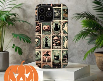 May include: A phone case featuring a collage of vintage Halloween-themed postage stamp designs. The stamps depict pumpkins, black cats, ghosts, skulls, and other spooky imagery. The case is displayed on a white platform with a pumpkin graphic in the foreground.
