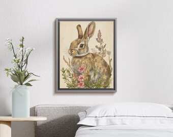 Impressão artística vintage de coelho botânico: pôster de coelho floral (download digital)