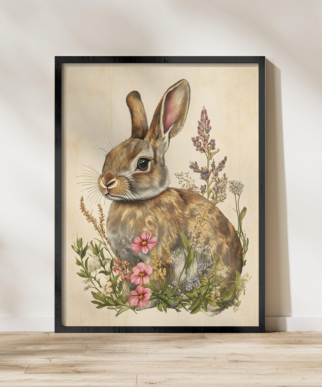 Vintage Botanical Rabbit Art Print: Floral Bunny Poster (digital ...