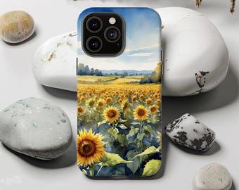 Funda resistente para teléfono con diseño de girasoles en acuarela: Funda floral para iPhone con motivos de naturaleza
