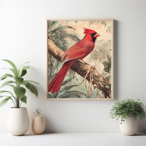 Póster de cardenal de acuarela, impresión inspirada en William Morris, arte de pared enrollable, decoración del hogar, regalo para amantes de la naturaleza, arte de vida silvestre, pintura de pájaro rojo