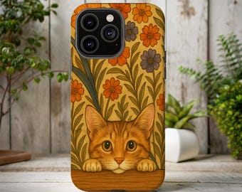 Peeking Tabby Cat Phone Case for iPhone Samsung Pixel Vintage Floral Dark Aesthetic