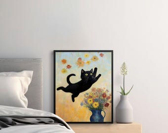 Funny Black Cat Art Print: Van Gogh Style Whimsical Decor (Digital Download)