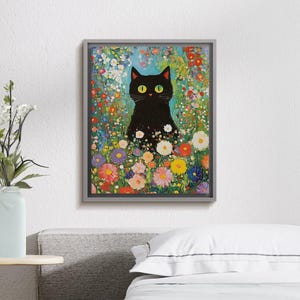 Colorful Cat Floral Poster, Cute Black Cat Wall Art, Monet Inspired Print, Whimsical Cat Decor, Black Cat Print, Cat Lover Gift, Feline