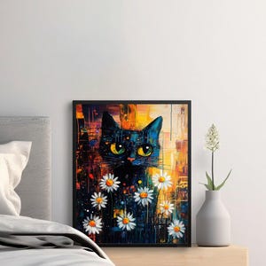 Colorful Abstract Cat Poster, Cat Floral Art, Modern Cat Lover&#39;s Decor, Unique Artistic Cat Print, Black Cat Decor, Cat Lover, Abstract Art