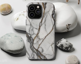 Elegant Marble Phone Case: Stylish Grey & Gold Tough Protective Cover