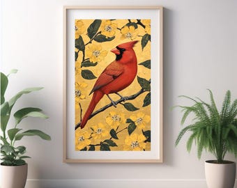 Cardinal and Yellow Flowers Art Print: Wildlife Home Decor