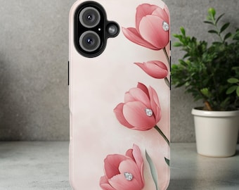 Pink Tulips Diamond Abstract Tough Phone Case, Floral Elegance