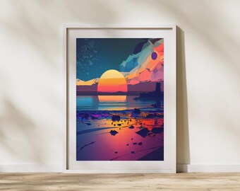 抽象的なビーチの夕日のアートプリント：海岸の装飾（デジタルダウンロード）