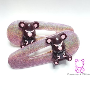Mini Angry Bear Hair Clips (Holographic Rose Gold)