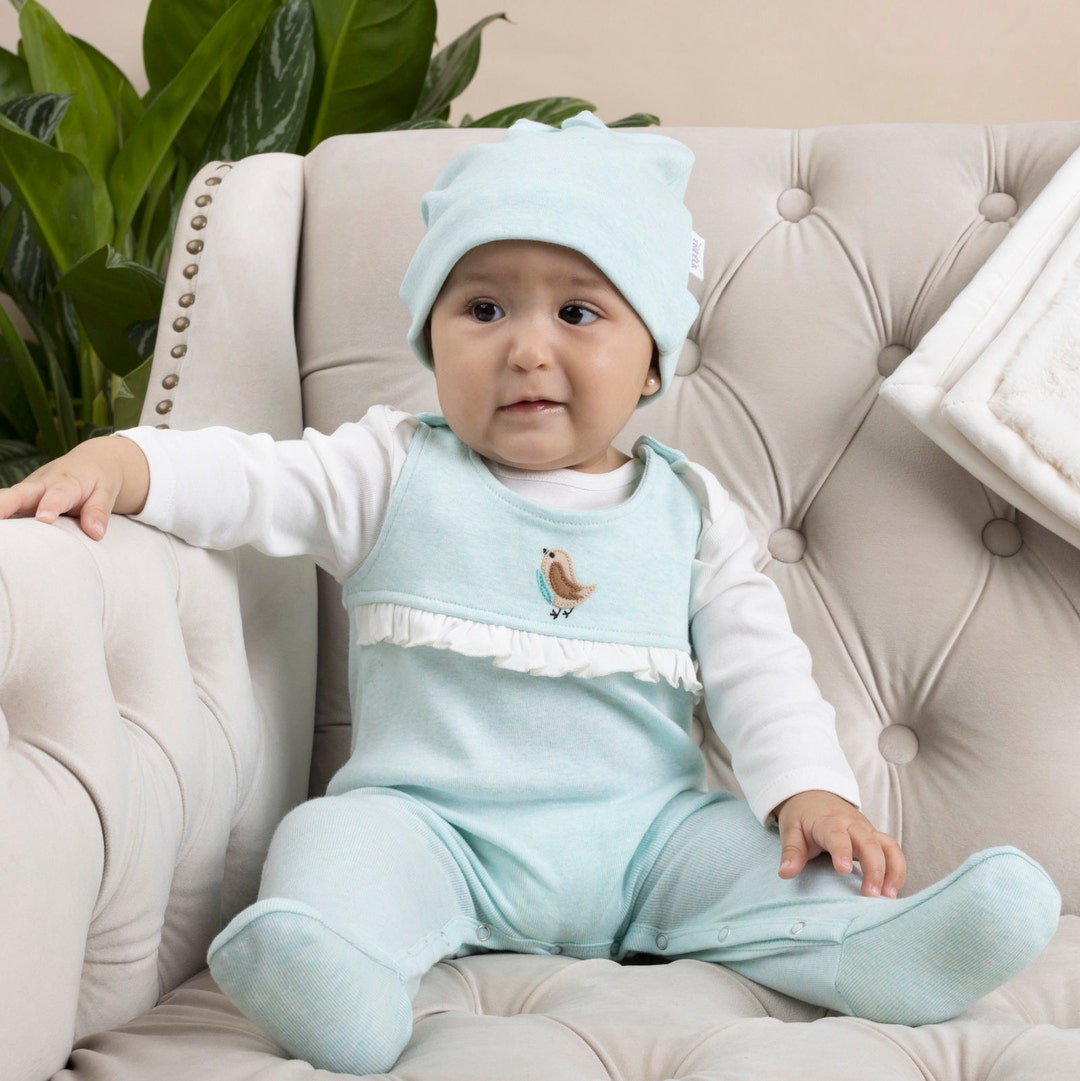 Bird Appliqué Baby Girl Layette Green Grow Suit, Footie Romper, Allin