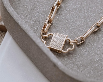 Gold carabiner necklace, pave necklace, CZ cubic zirconia clasp, chunky link chain necklace, layering necklace, gold link chain,Riaka
