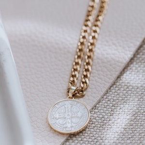 Mother of pearl necklace, Religious Catholic necklace, cross pendant, MOP charm, Chunky gold curb necklace, religious gift,scapular necklace
