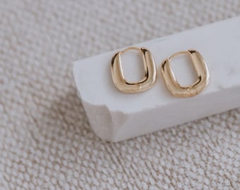 Rectangular Hoop Earrings, Gold Oval Hoop Earrings, Chunky Gold Hoop Earrings, Square Hoop Earrings, U Shape Hoops, 18K Gold Huggie Earrings