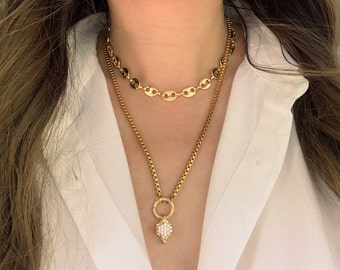Mariner anchor gold chain, Puffed Mariner Chain, Mariner chunky Necklace, Coffee bean Chain Necklace, Oversized link chain, Thick Gold Chain