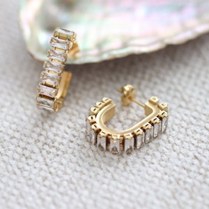 Baguette Hoop Earrings, Gold Hoop earrings thick, U shape earrings, Pave CZ hoops, Gold chunky Hoop Earrings, Earrings for women unique