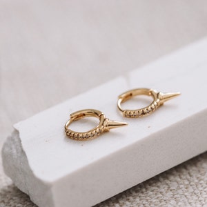 Spike gold hoop earrings, Pave huggies, Spike Huggie Hoop, Small tiny Gold Huggie earrings, Minimalist dainty earrings, CZ earrings gold