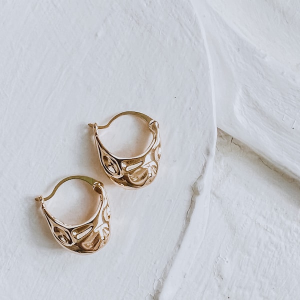 Molten Gold Hoop Earrings Hammered earrings gold Boho Chunky lava Dangle Earrings Textured hoop earrings Irregular earrings gold minimal