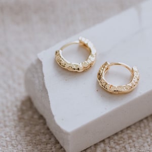 Hammered earrings gold, Textured hoop earrings, Gold huggie hoop earrings, 13mm gold hoops, Tiny gold hoop earrings, Stackable hoops, Riaka