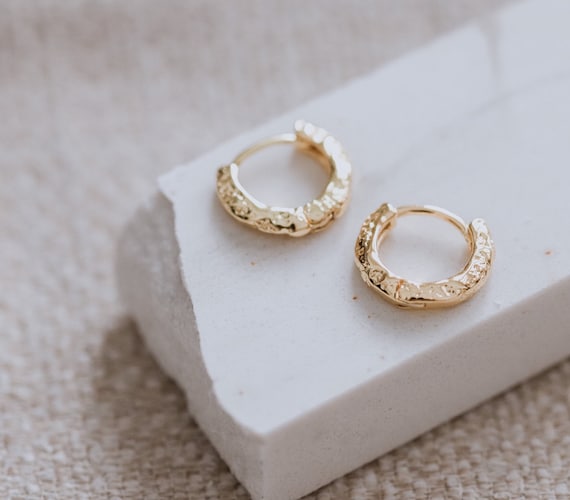 Hammered earrings gold, Textured hoop earrings, Gold huggie hoop earrings, 13mm gold hoops, Tiny gold hoop earrings, Stackable hoops, Riaka