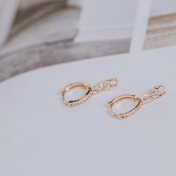 Gold zipper dangle earrings, Pave CZ hoops, 13mm Gold huggie hoop earrings, Cubic Zirconia hoops, Delicate hoops, Hypoallergic earrings, 18k